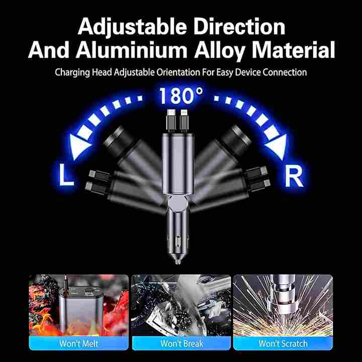 4-in-1 Retractable 100W Fast Car Charger Dual USB Ports & 31.5-Inch Cable (Black)