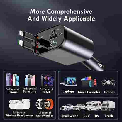 4-in-1 Retractable 100W Fast Car Charger Dual USB Ports & 31.5-Inch Cable (Black)