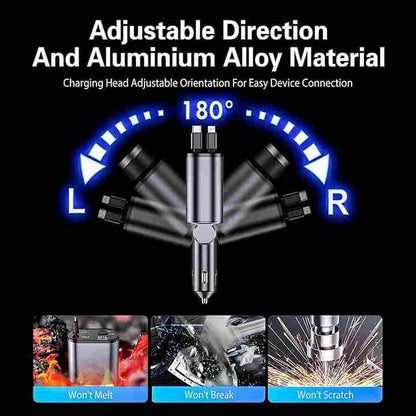 4-in-1 Retractable 100W Fast Car Charger Dual USB Ports & 31.5-Inch Cable (Black)