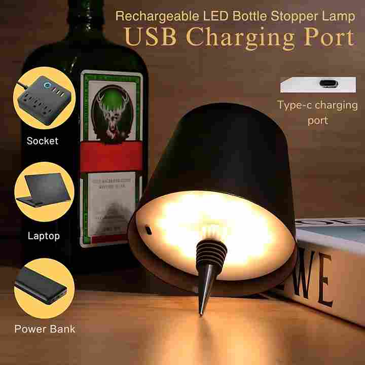 Rechargeable LED Wine Bottle Lamp 3-Color Touch Control Wireless Light(Black)