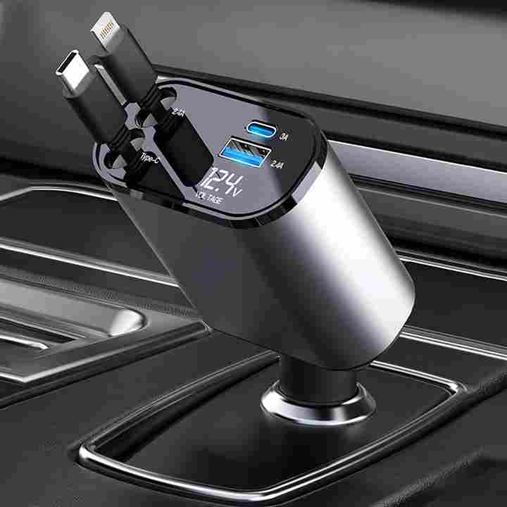 4-in-1 Retractable 100W Fast Car Charger Dual USB Ports & 31.5-Inch Cable (Black)