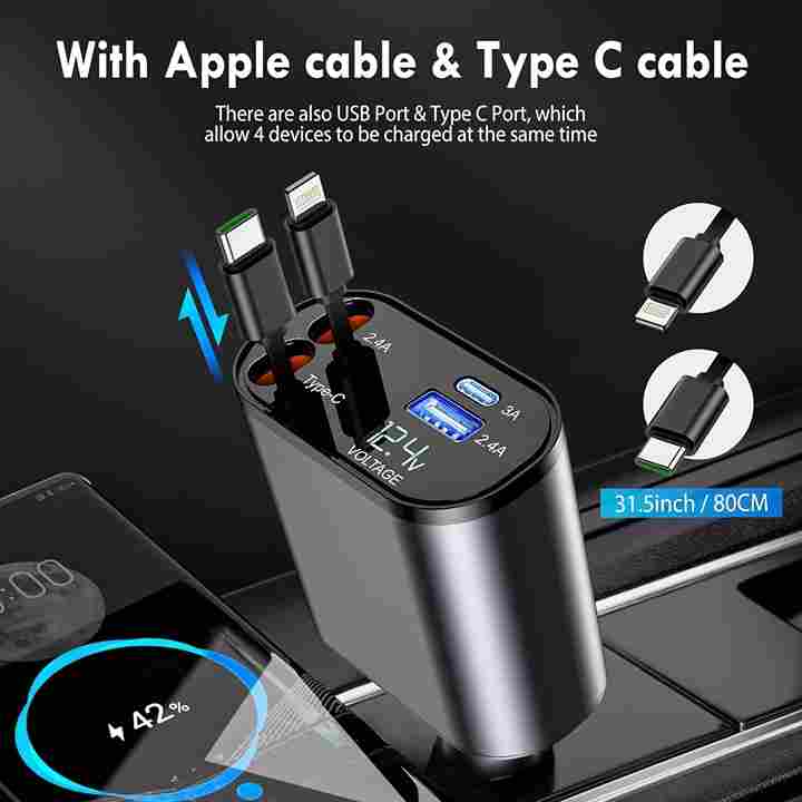 4-in-1 Retractable 100W Fast Car Charger Dual USB Ports & 31.5-Inch Cable (Black)
